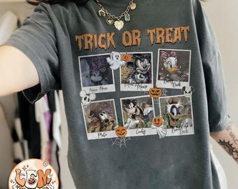 レトロディズニーハロウィンコンフォートカラーシャツ、トリックオアトリートハロウィンシャツ、ミッキーと仲間たちのハロウィンシャツ、ハロウィンパーティー2025シャツ