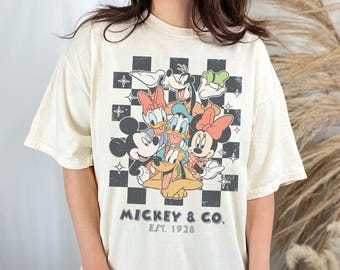 Camisa retro Mickey & Co 1928 con colores cómodos, camisa a cuadros de Mickey y sus amigos, camisa vintage de Disneyworld, camisa de Disneyland, camisa del grupo Disney