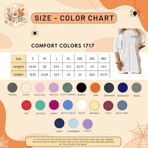 Pu&ograve; includere: Una tabella delle taglie e dei colori per le t-shirt Comfort Colors 1717. La tabella mostra le taglie dalla S alla 4XL con misure di lunghezza e larghezza in pollici. Le opzioni di colore includono Pepper, Ivory, Blossom, Orchid, Light Green, Black, Yam, Graphite, Midnight, Moss, Red, Lagoon, Berry, Mystic Blue, White, Banana, Chili, Blue Jean, Navy, Chambray e Violet.