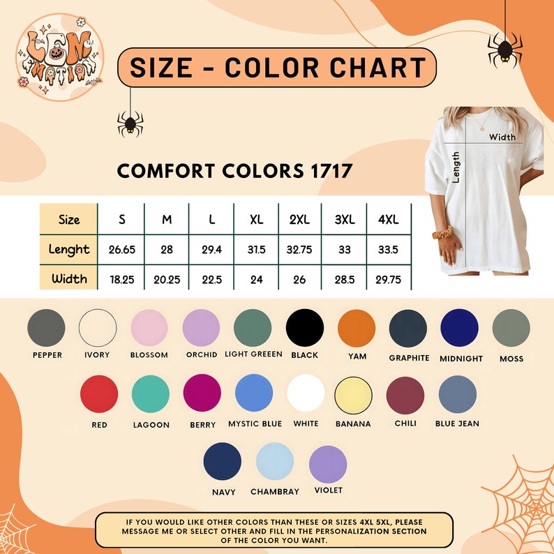 Pu&ograve; includere: Una tabella delle taglie e dei colori per le t-shirt Comfort Colors 1717. La tabella mostra le taglie dalla S alla 4XL con misure di lunghezza e larghezza in pollici. Le opzioni di colore includono Pepper, Ivory, Blossom, Orchid, Light Green, Black, Yam, Graphite, Midnight, Moss, Red, Lagoon, Berry, Mystic Blue, White, Banana, Chili, Blue Jean, Navy, Chambray e Violet.
