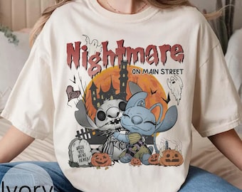Vintage Stitch & Angel Halloween Shirt, Nightmare On Main Street Shirts, Stitch Angel Jack Sally Couple Matching Tee, Disney Halloween Party