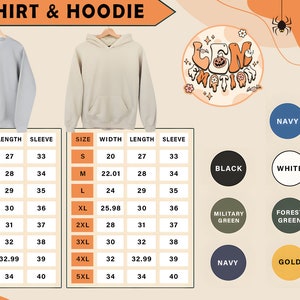 May include: Size chart for sweatshirts and hoodies with measurements in inches for width, length, and sleeve length.  The chart includes sizes S through 5XL.  The chart also shows color options for the sweatshirts and hoodies, including black, white, sand, military green, forest green, maroon, navy, gold, and safety pink.