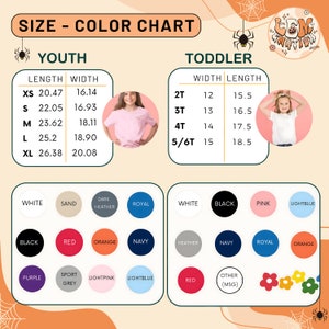 May include: Size and color chart for youth and toddler t-shirts. The chart shows the length and width measurements in inches for sizes XS, S, M, L, XL for youth and 2T, 3T, 4T, 5/6T for toddler. The chart also shows a variety of colors for the t-shirts, including white, sand, dark heather, royal, black, red, orange, navy, purple, sport grey, light pink, light blue.
