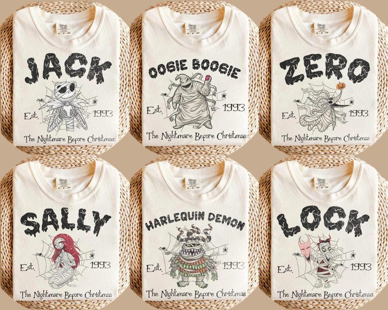 May include: Six off-white t-shirts featuring characters from The Nightmare Before Christmas. Each shirt displays a character name, the text Est. 1993, and The Nightmare Before Christmas, with illustrations of Jack, Oogie Boogie, Zero, Sally, Harlequin Demon, and Lock.