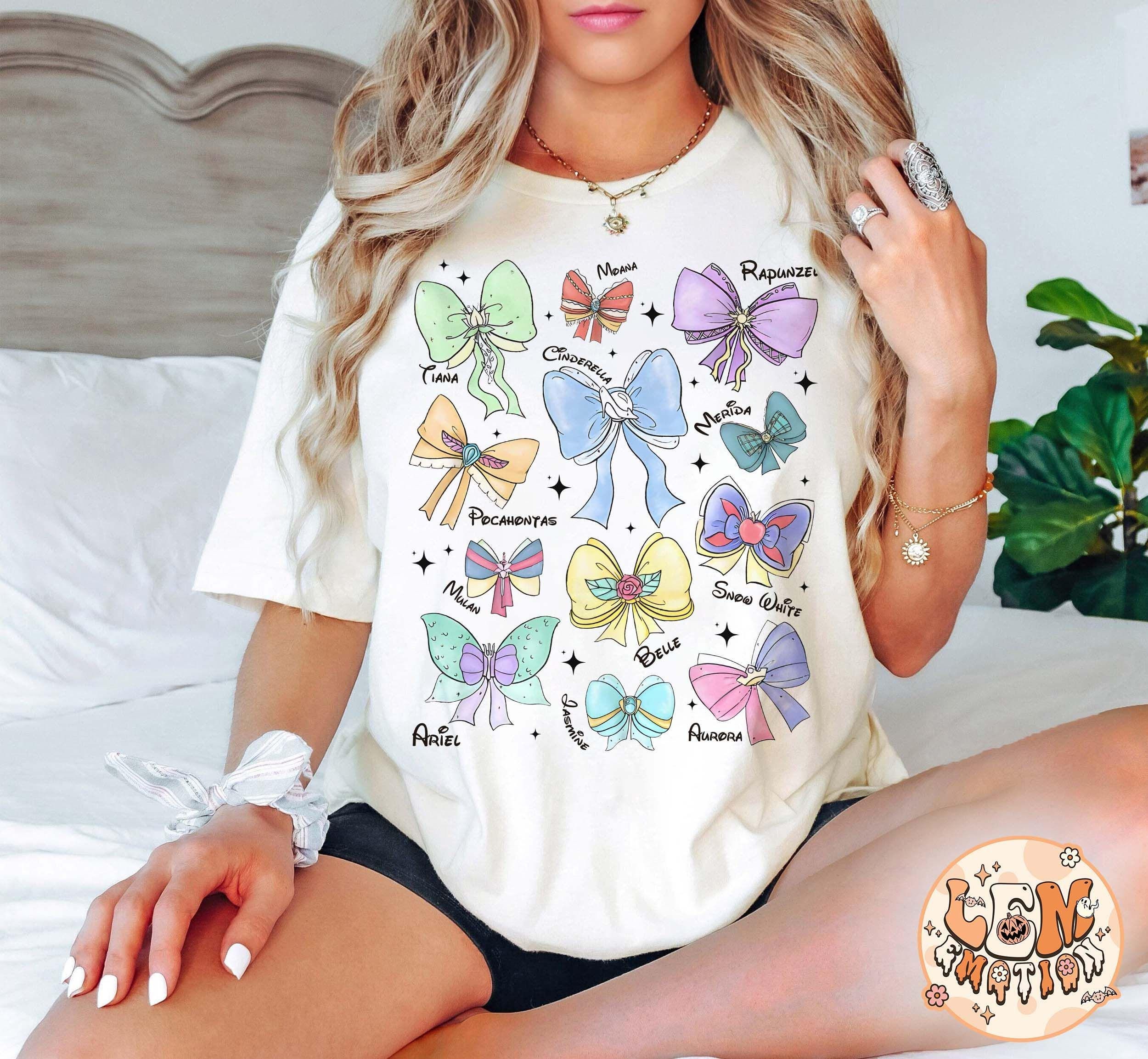 Retro Coquette Bows Watercolor Disney Princess Shirt, Disney Aurora Ariel Belle Cinderella Tiana Shirt, Magic Kingdom Tee, Disney Trip Shirt