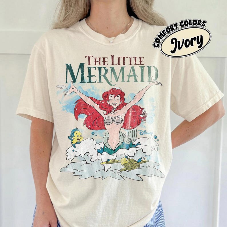Retro The Little Mermaid Ariel Princess & Flounder Bubble Poster Disney T-Shirt, Gift For Her, Ariel Princess Tee, WDW Disneyland Girl Trip image 1