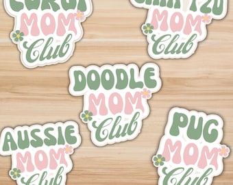 Custom Retro Dog Mom Club Sticker | Personalized Pet Breed Vinyl Decal | 70s Aesthetic Dog Lover Gift |  Sticker for Bottles and Laptops