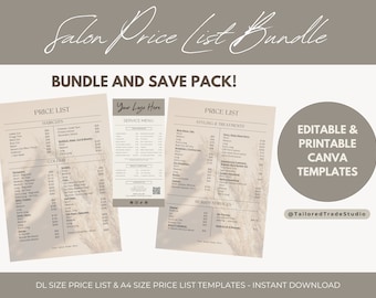 Salon Price List BUNDLE A4 & DL Size Template, Editable and Printable, Professional Canva Design, Service Menu, Hair and Beauty Customizable