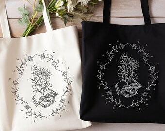 Floral Book Lover Canvas Tote Bag: Personalized Library Bag