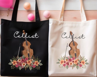 Floral Cellist Canvas Tote Bag: Personalized Cello Lover Gift