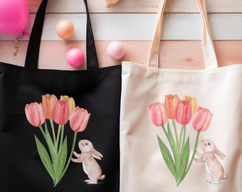 Personalized Tulip & Bunny Cotton Canvas Tote Bag