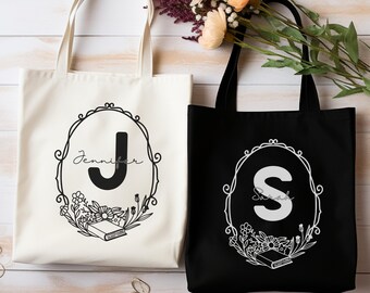 Personalized Floral Initial Book Tote Bag: Custom Cotton Canvas