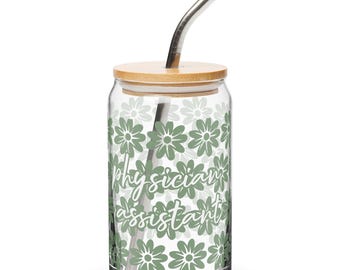 Blumen Arzt Assistent Glasbecher mit Deckel und Strohhalm | Eiskaffeedosenglas| Glasbecher mit Deckel | PA Studenten Geschenk | Geschenk zum Abschluss