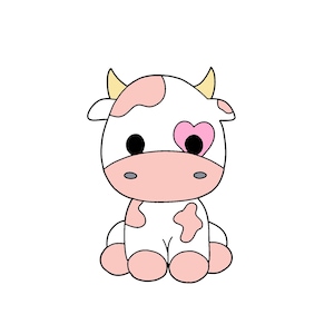 May include: A cartoon illustration of a white cow with pink spots and a pink heart over one eye. The cow is sitting with its legs crossed and has a light pink nose.