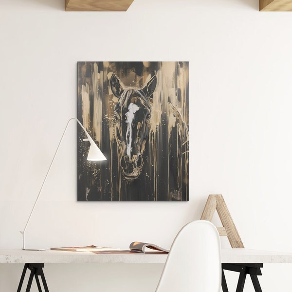 Abstract Horse Artwork: Large Oil Painting in Black Gold - Unique Wall Decor for Home or Office
