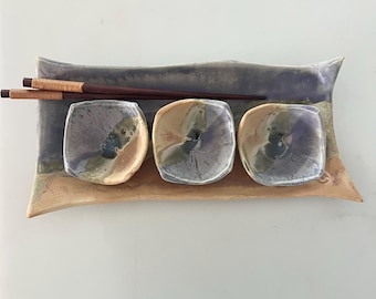 Pottery Platter and Sauce Bowls Handbuilt Stoneware