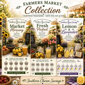 May include: A Farmers Market Collection graphic with three savings trackers. The collection includes "Market Morning," "Fresh Picked," and "Lemon & Lavender" themes. Each tracker has a different savings goal, with a total of $50, $25, and $25 respectively.