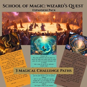 May include: An expansion pack for the game "School of Magic: Wizard's Quest" featuring three magical challenge paths. The image includes fantasy art of a dragon, a mermaid, and a mystical forest path, with text overlay.