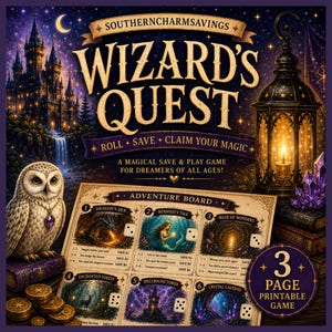 Op de afbeelding: Een fantasiespel genaamd "Wizard's Quest" met een uil, een kasteel en een lantaarn. Het spel bevat een avonturen bord met verschillende scènes en dobbelstenen. De tekst luidt "Roll + Save + Claim Your Magic" en "3 Page Printable Game."