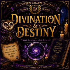 Op de afbeelding: Een fantasie-afbeelding met de woorden "Divination & Destiny" in goud. Een uil, een kristallen bol, kaarsen en een boek zijn te zien. Tekst bevat "Three Readings. One Destiny" en "A Savings Challenge Expansion."