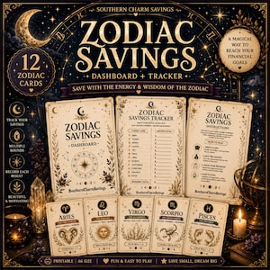 以下が含まれることがあります： 「Zodiac Savings」と「Dashboard + Tracker」のテキストが入った、印刷可能なZodiac Savingsカードとダッシュボードのセット。デザインは、天体の要素、三日月、黄道帯のシンボルが特徴です。カードはA6サイズです。