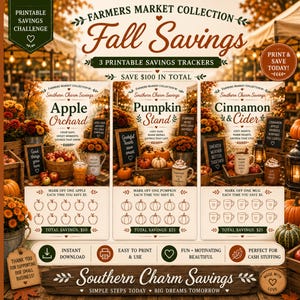 May include: Printable fall savings trackers with apple, pumpkin, and cinnamon & cider themes. Each tracker has a savings goal and a visual chart to mark off savings. The design includes fall imagery and text, perfect for budgeting.