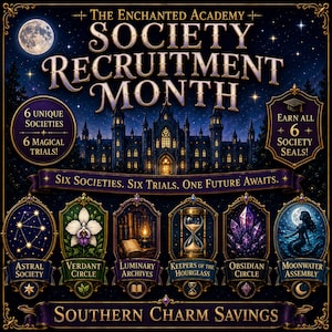 Peut inclure: Une affiche graphique bleu foncé intitulée The Enchanted Academy Society Recruitment Month. Elle présente un château, une pleine lune et six cadres ornés représentant l'Astral Society, le Verdant Circle, les Luminary Archives, les Keepers of the Hourglass, l'Obsidian Circle et la Moonwater Assembly. Le texte inclut Six Societies, Six Trials, One Future Awaits et Southern Charm Savings.
