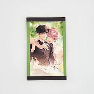 May include: Book cover with a green background and black border. Two men are pictured, one with black hair and the other with pink hair. The title of the book is "I Want You To Own Me" by Eve Healy.