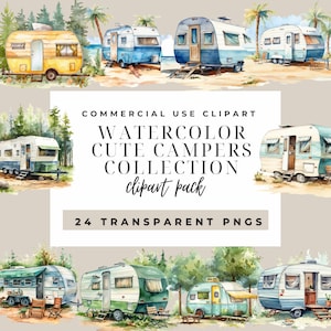 Clipart aquarelle campeurs PNG - ensemble complet de 24 illustrations 300 DPI sur le thème du camping pour projets de bricolage