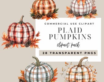 Puede incluir: Ilustraciones de acuarela de calabazas a cuadros con follaje otoñal y piñas. Las calabazas presentan varios patrones a cuadros en naranja, rojo y gris. El texto dice "Plaid Pumpkins clipart pack" y "28 Transparent PNGs".