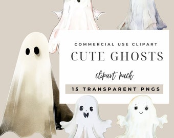 Halloween Ghost Clipart: Cute Watercolor PNG Graphics (Digital Download)