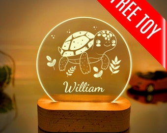 Turtle Night Lamp for Bedside Table, Personalized Name Gift for Child, Original Animal Night Light for Nursery, Custom Name Acrylic LED Lamp