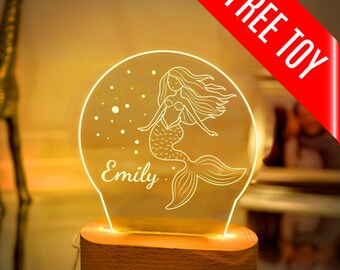 Veilleuse sirène, lampe de chevet avec prénom personnalisé, cadeau prénom personnalisé pour enfant, lampe LED acrylique sirène originale pour décoration de chambre d'enfant