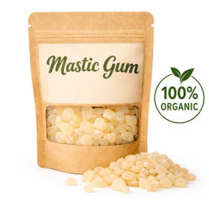 May include: A kraft paper bag with a clear window, filled with pale yellow mastic gum pieces. The bag has the text "Mastic Gum" and a "100% Organic" seal.