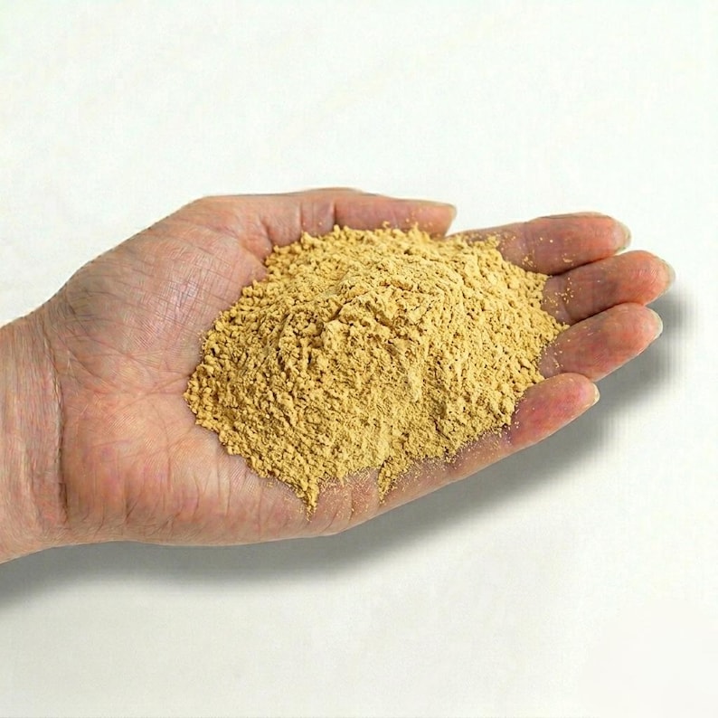 May include: A hand holding a pile of fine, light brown powder. The powder is a uniform color and appears to be a dry, granular substance. The background is plain white.