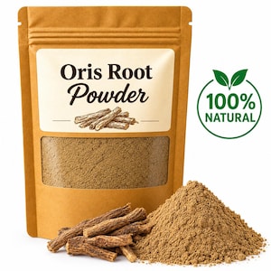 May include: A brown paper pouch containing Oris Root Powder with a clear window showing the contents. The label features the text Oris Root Powder and a graphic of root pieces. A green 100% NATURAL seal and a pile of powder with roots are visible.