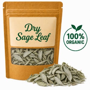May include: A brown paper pouch containing dry sage leaves with a clear window showing the contents. The label reads Dry Sage Leaf in green text. To the right, a circular green logo displays the text 100% ORGANIC. A pile of dry sage leaves sits in front.