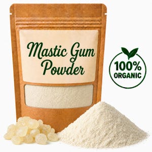 May include: A brown paper bag with a clear window displays Mastic Gum Powder. A pile of the powder and a cluster of gum resin are in front of the bag. A green and white circular logo reads "100% ORGANIC". The text "Mastic Gum Powder" is on the bag.