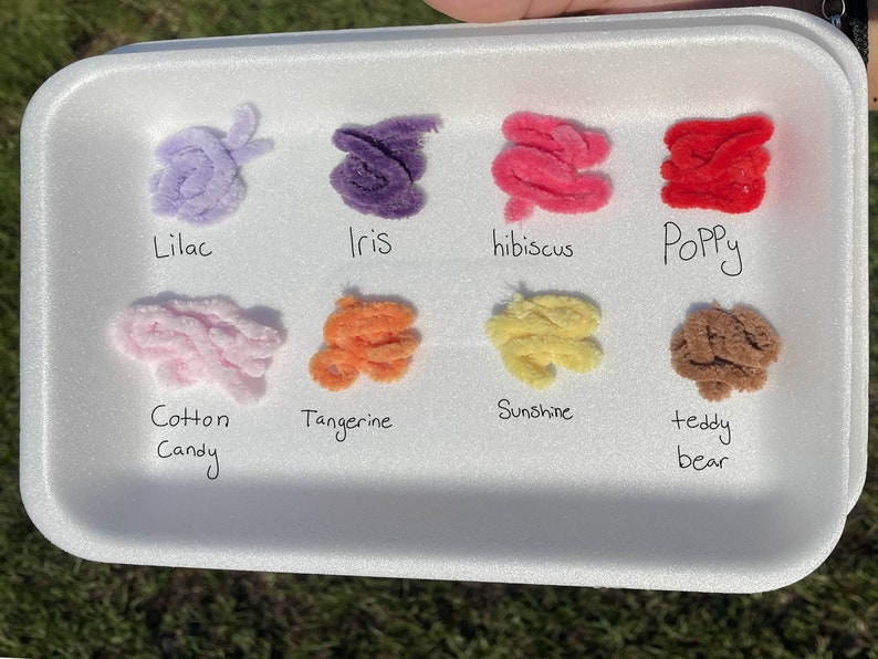 May include: A white styrofoam tray with eight different colors of pipe cleaners. The colors are lilac, iris, hibiscus, poppy, cotton candy, tangerine, sunshine, and teddy bear.