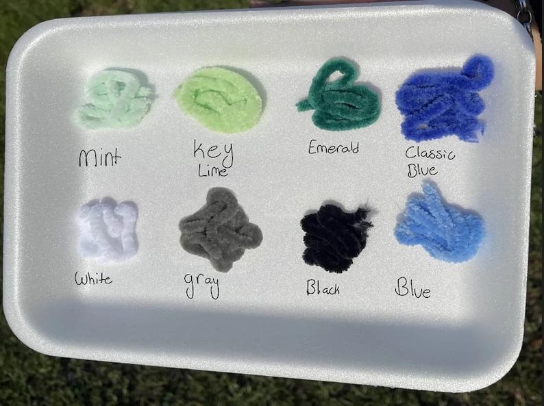 May include: A white foam tray with 10 small samples of colorful pipe cleaners. The colors are mint, key lime, emerald, classic blue, white, gray, black, and blue. The colors are labeled below each sample.