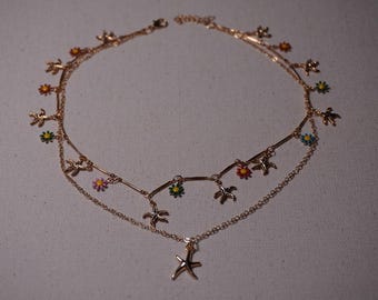 Y2K Starfish Charm Necklace, Colorful Flowers, Gold & Silver Plated, multilayer jewelry