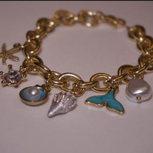 Seashell Charm Bracelet, Gold And Silver Plated Stainless Steel, Dolphin Pearl bracelet image 3