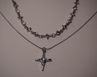 Y2K Stainless Steel Cross & Star Necklace: Grunge Layered Choker