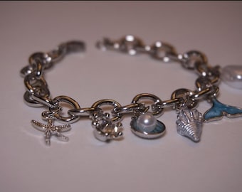 Seashell Charm Bracelet, Gold And Silver Plated Stainless Steel, Dolphin Pearl bracelet