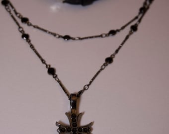 Gothic Cross Necklace, Stainless Steel Pendant, Leather Choker