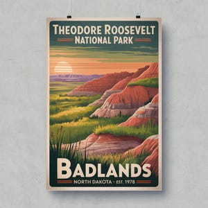 Theodore Roosevelt National Park Poster, Vintage Badlands National Park Print, Retro North Dakota Travel Art, Scenic Landscape Decor