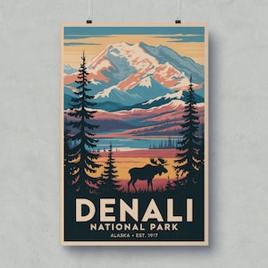Denali National Park Vintage Travel Poster: Alaska Mountain Scene Art