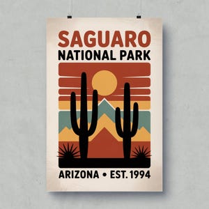 Póster del Parque Nacional Saguaro: Impresión artística de paisaje desértico vintage
