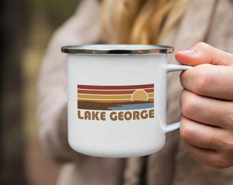 Lake George Enamel Camping Mug, Retro Sunset Design, Adirondack Mountains