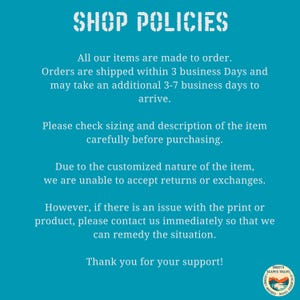 shop policies poster, shipping information sign, custom order details, no returns or exchanges notice, thank you for support print